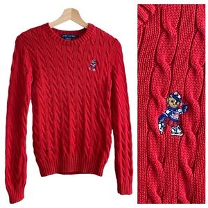 Vintage Ralph Lauren Red Embroidered Polo Bear Cable Knit Sweater S